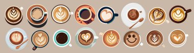 Kahve fincanlarının üst görüntüsü. Cappuccino, espresso, latte, çay tabağı, kaşık, kalp şeklinde köpük, gülümseme, çiçek şeklinde Americano kahvesi. Düz vektör renkli çizimlerin koleksiyonu izole edildi.