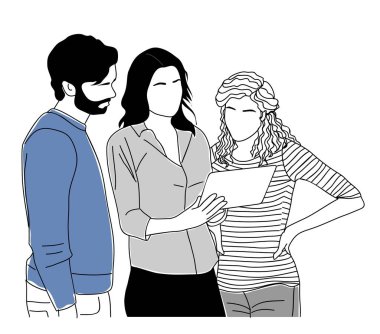 Takım çalışması iş konsepti çizimi. Erkekler ve kadınlar birlikte çalışıp dijital tablete bakarlar. Grafik ve web tasarımı için modern vektör basit taslak çizimi. Beyaz arkaplanda izole.