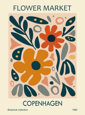 Soyut Çiçek Pazarı Kopenhag posteri. Matisse 'in çiçek desenli modaya uygun botanik duvar sanatı. Modern, saf, modaya uygun iç dekorasyon, resim. Vektör sanatı illüstrasyonu.