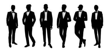 Resmi veya siyah kravat takmış farklı iş adamlarının siluetleri. Smokin giyen şık ve yakışıklı adamlar. Beyaz arkaplanda izole edilmiş tek renkli vektör çizimleri.