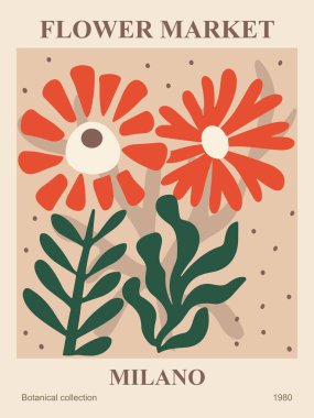 Soyut Flower Market Milano posteri. Peach Fuzz renk paletinde çiçek desenli modaya uygun botanik duvar sanatı. Modern, saf, modaya uygun iç dekorasyon, resim. Vektör sanatı illüstrasyonu.