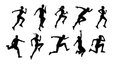 Koşan erkek ve bayan atletlerin siluetleri. Sağlıklı aktif yaşam tarzı. Maraphon, Sprint, koşu, ısınma. Spor, fitness tasarımı, düz biçim vektör çizimleri beyaz arkaplanda izole edilmiş.