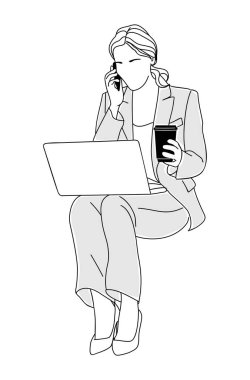 Business woman sitting with coffee cup, working on laptop, talking by phone. Pretty lady boss in formal suit. Modern vector simple outline hand drawn illustration Isolated on white background.