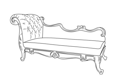 Antika kanepenin el çizimi, bank. Rococo tarzında klasik kanepe. Retro mobilya iç tasarım elementi. Beyaz arkaplanda izole edilmiş basit vektör çizgisi çizimi.