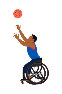 Tekerlekli sandalyede oturmuş basketbol oynayan engelli genç bir sporcu. Toplu sakat sporcu. Tek bacaklı adam spor yapıyor. Vektör illüstrasyonu beyaz arkaplanda izole edildi.