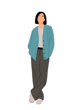 Modern iş kadını ayakta duruyor. Şık bir ofis kıyafeti içinde şık bir kız. Sokak modası konsepti. Güzel, genç bir bayan karakter. Düz vektör çizimi beyaz arkaplanda izole edildi.