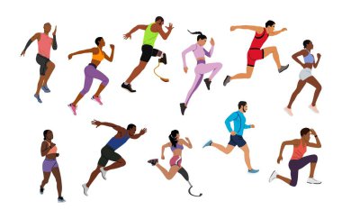 Koşucular hazır. Erkek ve bayan sporcular koşuyor. Sağlıklı aktif yaşam tarzı. Maraphon, Sprint, koşu, ısınma. Spor, fitness tasarımı, düz biçim vektör çizimleri beyaz arkaplanda izole edilmiş.