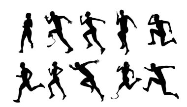 Koşan erkek ve bayan atletlerin siluetleri. Sağlıklı aktif yaşam tarzı. Maraphon, Sprint, koşu, ısınma. Spor, fitness tasarımı, beyaz arkaplanda izole edilmiş siyah vektör çizimleri.