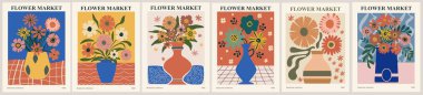 Set of abstract Flower Market posters. Trendy botanical wall arts with floral design in bright colors. Modern naive groovy funky interior decorations, paintings. Vector art illustration.