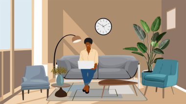 Serbest çalışan siyahi kız rahat oturma odasındaki koltukta uzaktan çalışıyor. Modern Afro-Amerikan kadın karakteri evde dizüstü bilgisayar kullanıyor, sohbet ediyor ya da internette sörf yapıyor. Vektör renkli illüstrasyon.