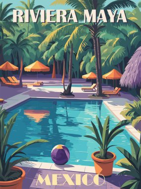 Meksika Seyahat Varış Yeri Posteri. Riviera Maya tatil köyü havuzunda dijital baskı. Egzotik yaz tatili, tatil konsepti. Vintage vektör renkli çizimler.