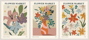 Soyut çiçek pazarı posterleri. Danimarka renginde çiçek desenli botanik duvar sanatları. Modern naif, modaya uygun iç dekorasyon, tablolar. Vektör sanatı illüstrasyonu.