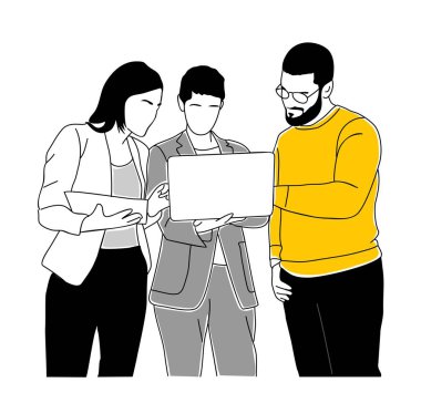 Çokuluslu Takım iş konsepti çizimi. Birlikte çalışan bir grup kadın ve erkek. Grafik ve web tasarımı için modern vektör basit taslak çizimi. Beyaz arkaplanda izole.
