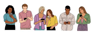Farklı insanlar ellerinde, cep telefonları kullanıyorlar. Akıllı telefonları olan karakterler. Erkekler, kadınlar cep telefonu kullanır, internette sörf yapar, sohbet eder. Beyaz arkaplanda izole edilmiş vektör çizgisi çizimleri.