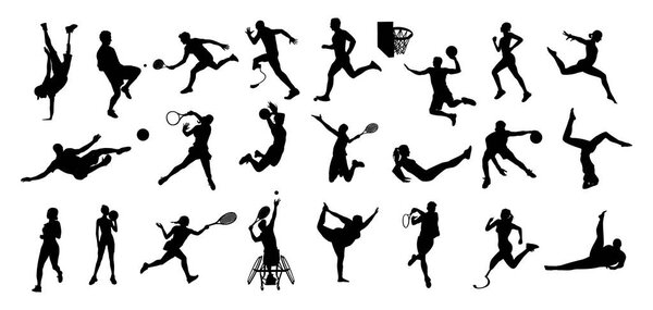 Silhouettes of different men, women, disabled persons performing various sport activities. Bundle of training, exercising people, playing basketball, tennis, football, running. Vector illustrations.