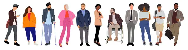 跨国商业团队 不同的卡通男性 不同种族 不同年龄 不同体型的女性身着便服的形象形象 一群被白人隔离的不同的商人 — 图库矢量图片