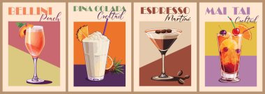 Kokteyller eski poster seti. Bellini şeftalisi, Pina Colada, Espresso Martini, Mai Tai renkli baskı. Popüler alkol içecekleri koleksiyonu. Bar, bar, restoran için klasik düz vektör çizimleri