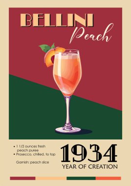Bellini Şeftali Kokteyli retro posteri. Dijital baskı tarifli klasik kokteyl. Popüler alkol içeceği. Bar, bar, restoran, mutfak duvarı, bar arabası dekoru için klasik stil illüstrasyon.