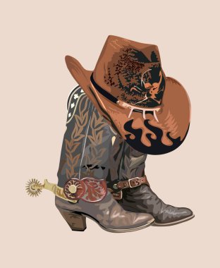 Cowboy boots and hat. Traditional western embroidered boots with spurs and cowboy hat with skull decoration. Wild west concept. Vector realistic illustration isolated on neutral background. clipart