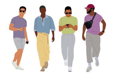 Summer Street moda adamları sanat illüstrasyonunda vektör. Modern sokak tarzı giyinen genç erkekler ayakta ve yürüyorlar. Beyaz arkaplanda izole edilmiş çizgi film biçimi vektör çizimleri.