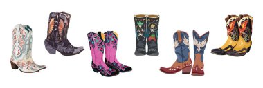 Set of different cowgirl boots. Traditional western cowboy boots decorated with embroidered wild west elements. Realistic vector art illustrations isolated on white background. Digital stickers. clipart