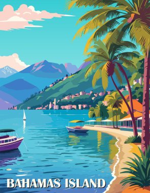 Bahamalar Adası Seyahat Varış Yeri Posteri. Deniz sahili ve palmiye ağaçlarıyla kaplı bir manzara. Egzotik yaz tatili, uluslararası tatil kavramı. Vintage vektör renkli illüstrasyon.