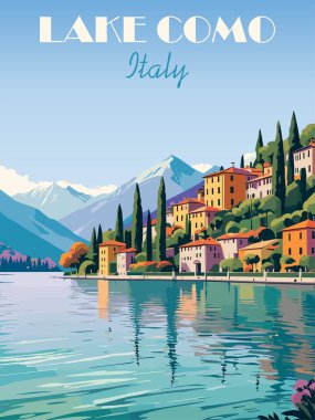 Como Gölü, İtalya Seyahat Varış Yeri Posteri. Manzara baskısı, duvar sanatı. Avrupa yaz tatili, tatil konsepti. Vintage vektör renkli illüstrasyon.