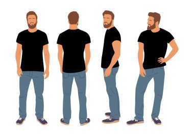 Farklı pozlarda duran sıradan bir erkek karakteri. Önde, arkada, yandan. Siyah tişörtlü, kot pantolonlu, spor ayakkabılı yakışıklı adam. Beyaz arkaplanda izole edilmiş vektör gerçekçi çizimler kümesi
