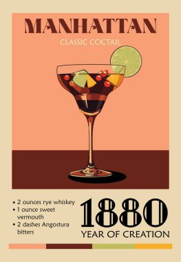 Manhattan Cocktail retro posteri. Dijital baskı tarifli klasik kokteyl. Popüler alkol içeceği. Klasik stil düz vektör çizimi, bar, bar, restoran, mutfak duvarı, bar arabası dekoru.