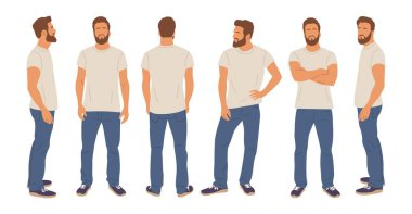 Casual man character standing in different poses front, rear, side view. Handsome bearded guy in white t-shirt, blue jeans, sneakers. Set of vector realistic illustrations isolated on white background clipart