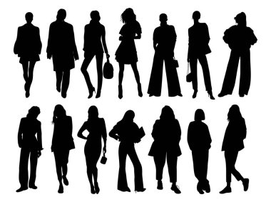 Modern kadın siluetleri. Değişik ofis kıyafetleri içinde duran farklı kızların tek renkli, siyah, vektör çizimi. Beyaz arkaplanda izole.