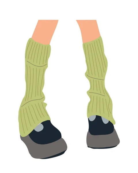 編まれたゲイター 足のウォーマー 高い靴下とファッショナブルなブーツを身に着けている女性の足 手描きベクター 白い背景で隔離された多彩な平らなイラスト — ストックベクタ