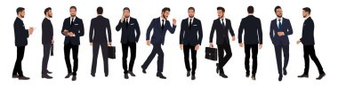 Farklı pozlarda bir dizi iş adamı karakteri. Resmi takım elbiseli yakışıklı adam koşuyor, yürüyor, telefon kullanıyor, tablet, ön, arka, arka görüş kullanıyor. Vektör çizimleri izole edildi.
