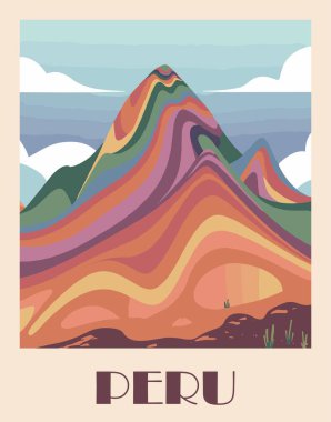 Peru Seyahat Varış Yeri Posteri eski tarz. Vinicunca Gökkuşağı Dağları renkli basım. Egzotik yaz tatili, tatil konsepti. Vektör sanatı illüstrasyonu.