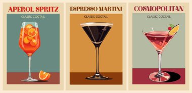 Kokteyller eski poster seti. Aperol Spritz, Espresso Martini, Cosmopolitan. Popüler alkol içecekleri koleksiyonu. Bar, bar, restoran, mutfak duvarı resimleri için klasik düz vektör çizimleri.
