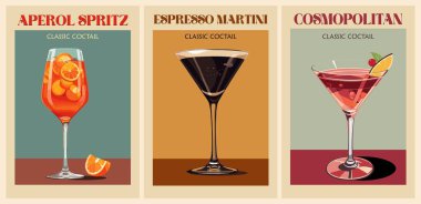 Cocktails retro poster set. Aperol Spritz, Espresso Martini, Cosmopolitan. Collection of popular alcohol drinks. Vintage flat vector illustrations for bar, pub, restaurant, kitchen wall art print. clipart