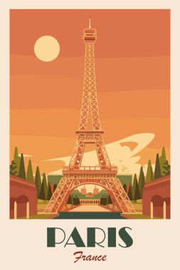 Paris, Fransa Seyahat Varış Yeri Posteri. Eifel Kulesi Orta Çağ modern dijital baskısı. Avrupa yaz tatili, tatil konsepti. Vintage vektör renkli illüstrasyon.