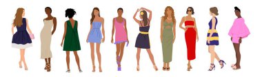 Moda kadını seti moda kıyafet vektör karikatür çizimi. Koleksiyon klas renkli sokak stili elbise kadın izole. Moda kızı yaz kıyafetlerini sergiledi. Önden, yandan, arkadan..
