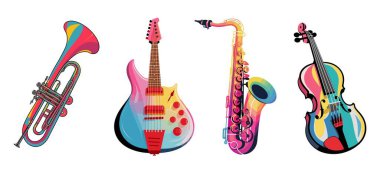 Farklı müzik aletleri, gitar, saksafon, trompet, keman. Müzik dükkanı, müzik aleti afişi, festival broşürü ve broşür için izole edilmiş Renkli Daire Vektörü çizimleri.