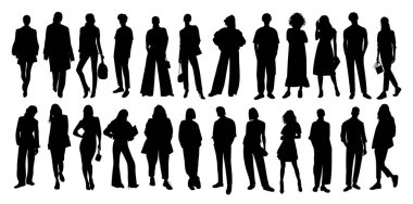 Silhouettes of diverse business people, men and women standing, walking full length, front, side view. Vector black monochrome outline illustrations isolated on white background. clipart