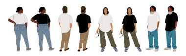 Farklı genç erkekler, sıradan sokak kıyafetleri giyen kadınlar, beyaz, siyah tişört, kot pantolon, spor ayakkabı. Tam vücut kadın, erkek karakterler önde ve arkada dikiz aynasından. Tişört modeli.