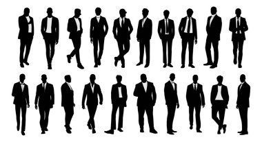  Yürüyen ve ayakta duran bir grup farklı iş adamı. Resmi takım elbiseli, smokinli erkek karakterler. İş ekibi. İş adamları beyaz arkaplanda tek renkli çizimleri yönetir.