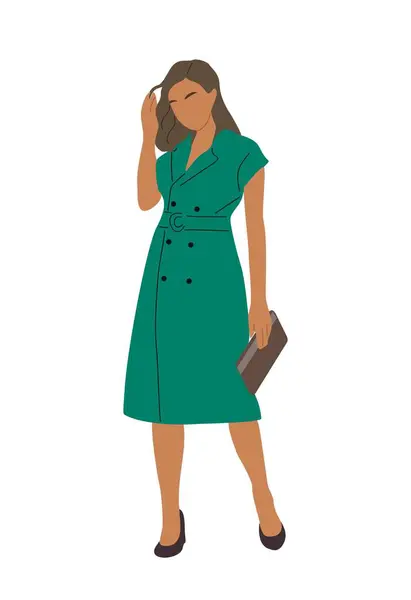 Stylowa Dziewczyna Nosząca Letni Elegancki Strój Biurowy Zieloną Sukienkę Wysokie — Wektor stockowy