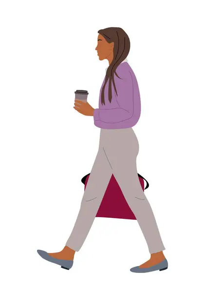 现代女商人走在聪明的休闲装束的侧面 漂亮的小女孩拿着咖啡杯和手提包走了 在白色背景上孤立的矢量真实感说明 — 图库矢量图片