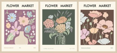 Set of abstract Flower Market posters. Trendy botanical wall arts with floral design in danish pastel colors. Modern naive groovy funky interior decorations, paintings. Vector art illustration.