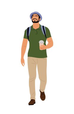 Elinde kahve fincanı ve sırt çantasıyla gezen bir turist. Sıradan giyinmiş, şapkalı, sakallı yakışıklı bir adam. Seyahat ve tatil kavramı. Vektör gerçekçi illüstrasyon beyaz arkaplanda izole edildi.
