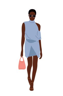 Yazlık moda kıyafeti giyen şık siyahi kadın. Modern leylak rengi elbiseli, el çantasıyla yürüyen yüksek topuklu güzel bir Afro-Amerikan kızı. Beyaz arkaplanda izole edilmiş vektör gerçekçi illüstrasyon.