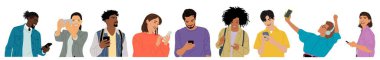 Farklı aletler kullanan bir grup insan. İş adamları, akıllı telefonlar tutan kadınlar, mesajlaşmalar, konuşmalar, haberleri izlemeler, selfie çekmeler. Erkek, kadın çizgi film karakterlerinden oluşan bir grup Vektör gerçekçi çizimler.