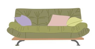 Stylish comfortable green sofa with colorful pillows. Mid century modern furniture, interior element. Elegant couch, divan for scandinavian design. Vector flat illustration on white background. clipart