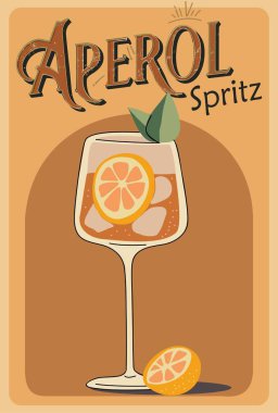 Aperol Spritz klasik Cocktail retro posteri. Popüler alkol içeceği. Bar arabası, bar, restoran, mutfak duvarı resimleri için klasik düz vektör çizimi.